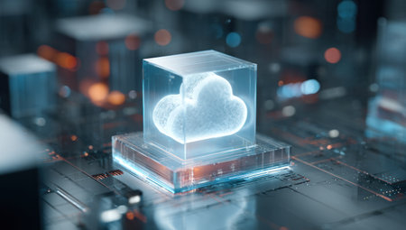 A glowing cloud icon encased in a transparent cube rests on a circuit board, suggesting cloud computing. The image uses blue and orange hues, with blurred bokeh lights creating a dynamic backdrop. This composition has a futuristic style, and is suitable for illustrating technological concepts and digital services.の素材