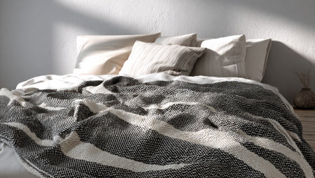 A close-up captures a bedroom scene featuring a bed covered with a textured blanket and several pillows. The color palette consists of neutral tones, including white, gray, and beige. The natural light from a window illuminates the scene, suggesting a calm and inviting atmosphere suitable for various commercial uses.の素材