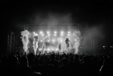 A grayscale image depicts a concert scene with stage lights illuminating rising smoke. The composition features an indistinct crowd in the foreground. Strong overhead lighting and atmospheric fog create a dramatic effect. This image could be used for promotional materials or editorial content.の素材