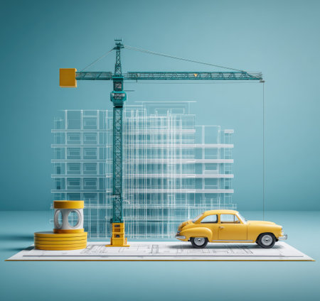 A miniature construction scene features a tall crane, a yellow car, and building outlines set against a solid teal backdrop. The composition is clean, with a focus on geometric shapes and contrasting colors. The image suggests a concept of urban development and could be used for illustrations related to construction or infrastructure.の素材