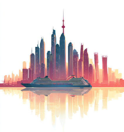 An illustration depicts a cruise ship sailing in front of a modern city skyline. The artwork showcases vibrant hues, including blues, oranges, and purples, creating a dynamic visual narrative. This image could serve various purposes such as advertising or editorial content, without mentioning specific places or companies.の素材