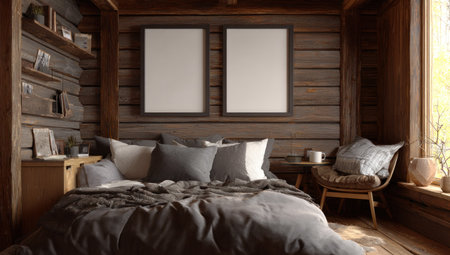 An interior shot reveals a warmly lit bedroom featuring a bed, pillows, and a wooden wall. The scene is dominated by neutral tones with the bed as the focal point. Two blank picture frames hang on the wall, offering copy space. Suitable for various design, lifestyle, and editorial uses.の素材