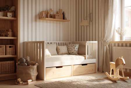 This interior image showcases a warm and inviting bedroom with a bed equipped with drawers. The scene is bathed in soft, natural light, highlighting the wooden elements and neutral color palette. The room is decorated in a minimalist style, ideal for commercial projects that focus on home decor or lifestyle content.の素材