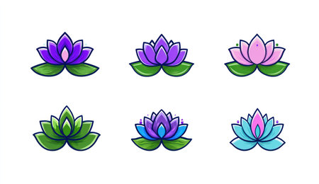 The image showcases a collection of vibrant lotus flower illustrations arranged against a clean white backdrop. Each flower displays a unique color palette, with hues ranging from purple and pink to blue and green. The style appears cartoonish, with defined outlines and simple shading. This collection is ideal for various design projects.の素材