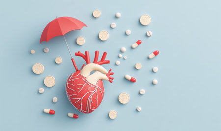 A symbolic image features a red heart model protected by a miniature red umbrella, surrounded by various pills. The composition uses a light blue background creating a clean and modern aesthetic. This conceptual artwork may be suitable for illustrating health, medicine, and pharmaceutical concepts in a commercial context.の素材