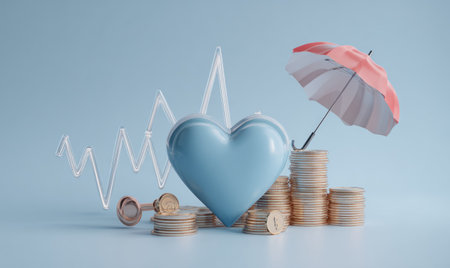 This image features a large blue heart and stacks of coins, with an opened umbrella nearby. A fluctuating line graph and small dumbbell are also present. The scene is set on a light blue background. This composition may be used for a wide range of topics, including health, investment, and insurance concepts.の素材