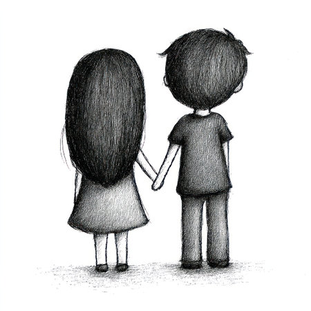 A grayscale illustration depicts a couple holding hands, their backs to the viewer. The style is soft with pencil-like textures. The simple composition suggests a moment of shared intimacy. This image could be used for various projects including cards, social media content, or other creative endeavors.の素材