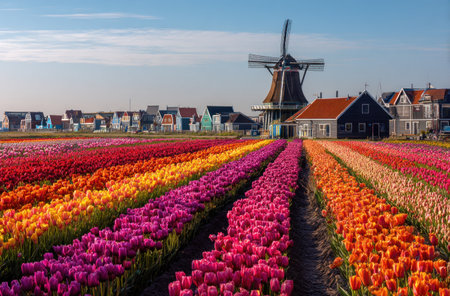 Rows of vibrant tulips in various colors lead toward a classic windmill under a bright blue sky. The composition emphasizes the vivid hues and textures of the flowers. The scene suggests an outdoor setting with sunlight and is suitable for use in travel or nature-related projects, as well as editorial content.の素材