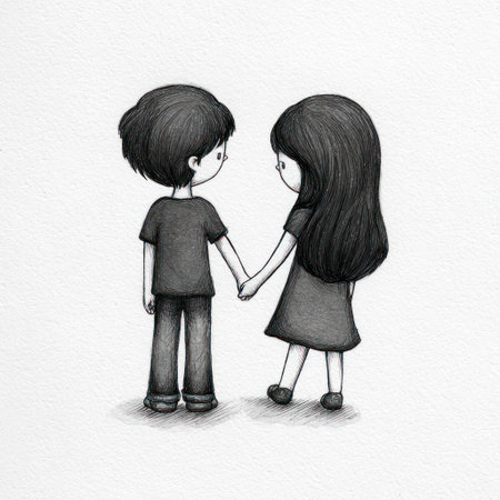 This pencil sketch depicts a couple holding hands. The illustration features a grayscale color palette with attention to line quality. The artwork's composition places the figures against a white background, suitable for various editorial and commercial applications.の素材