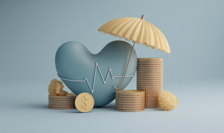 This image presents a conceptual illustration featuring a heart shape, an open umbrella, and stacks of coins. The composition utilizes a soft color palette and studio lighting. The objects appear to be placed on a solid background, creating a sense of depth. Suitable for financial, healthcare, and insurance related projects.の素材