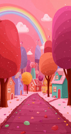 This vibrant cartoon depicts a charming townscape. The scene showcases a path leading to houses surrounded by trees under a rainbow. The artwork features a cheerful color palette with bright hues. It can be utilized in various projects, including illustrations, designs, and visual content for commercial or editorial applications.の素材