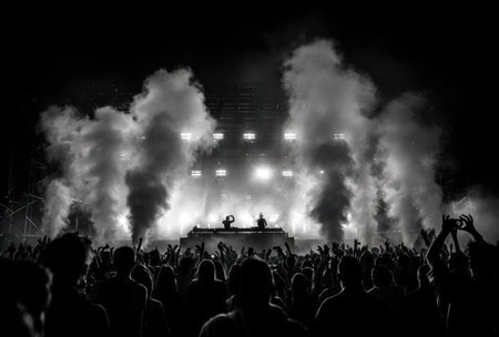 A crowd of people enjoys a live music performance on stage. The image displays a monochrome scene with heavy smoke effects, bright stage lights, and silhouetted figures. This photograph captures the energy of an event, suitable for event promotion or artistic projects.の素材