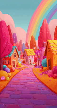 An illustrated scene showcases a quaint townscape, featuring houses with unique roofs, a winding pathway, and a complete rainbow arching across the sky. The artwork is characterized by bright, saturated colors and a stylized aesthetic. It could be useful for various creative projects such as children's books or illustrations, posters and cards.の素材