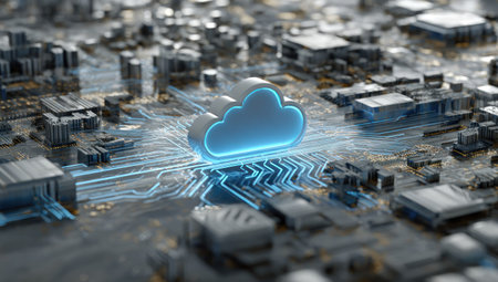 A glowing cloud icon sits atop a detailed circuit board, representing cloud computing concepts. The image showcases a futuristic design with a network of lines and a soft, diffused lighting scheme. Its composition and details make it appropriate for promotional materials or editorial content centered on technology.の素材