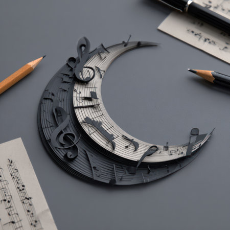 An overhead view displays a crescent moon sculpture intricately designed with musical notes. The artwork features grayscale tones, contrasting textures, and layered elements. Scattered around are pencils and sheet music, suggesting an artistic process. This image could be used for various creative projects, including editorial features and design concepts.の素材