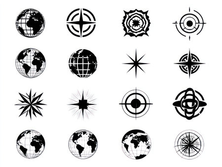 This graphic presents a collection of globe and compass icons arranged against a white backdrop. The black and white palette highlights the various shapes and designs of the navigational elements. It uses a flat design style, and could serve different purposes, including educational or commercial content.の素材