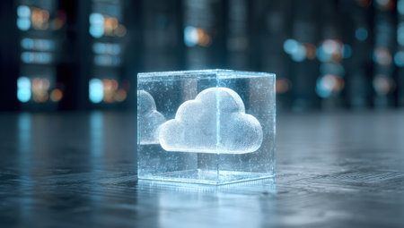 A luminous cloud shape is encased within a transparent glass cube, presented on a reflective surface. The image features a cool blue color palette, suggesting a modern, technological theme. This conceptual illustration could be utilized for various digital or business-related projects, including websites and presentations.の素材
