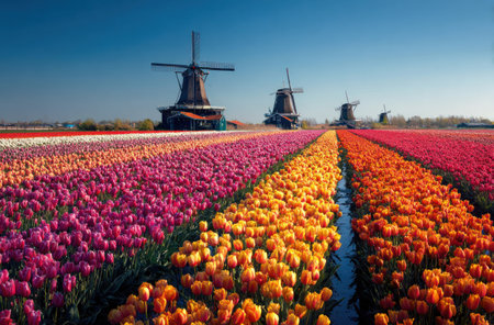An eye-level shot captures a vibrant field of tulips in multiple colors, leading to distant windmills. The tulips, showcasing shades of purple, yellow, and orange, create a visually stunning landscape. The scene features sunny daylight, with a clear blue sky. This imagery could be used for various projects.の素材