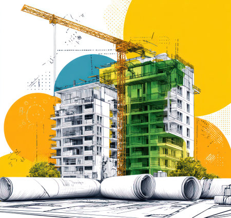 An illustration depicts a building under construction, featuring a prominent yellow crane against a vibrant background. The image showcases architectural plans and blueprints, with hints of green and orange hues adding visual interest. This artwork is suitable for various commercial purposes, including presentations and advertising.の素材