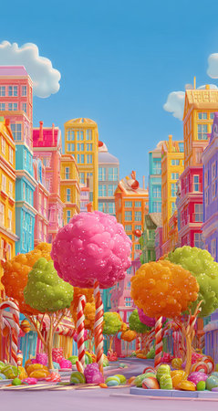 An illustrated cityscape showcases vibrant buildings and whimsical candy trees. The image employs bright, pastel colors with a soft, artistic style. The composition suggests an outdoor environment with clear skies. Suitable for various creative projects and design purposes, it has potential use in illustrations and visual storytelling.の素材