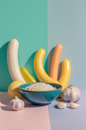 This still life arrangement showcases various vegetables and a bowl of noodles against a color-blocked backdrop. The composition features diverse shapes and bright colors, with distinct shadows suggesting directional lighting. It presents a stylized aesthetic. Suitable for various editorial and promotional applications, including food-related content.の素材