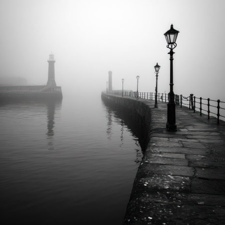 A grayscale photograph captures a coastal scene dominated by a lighthouse and a pier stretching into the distance. The image features a foggy atmosphere with dim lighting and reflections in the water. The composition showcases architectural elements against a moody, natural backdrop. This image could be used for editorial and commercial projects.の素材