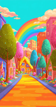 An illustrated street scene features colorful buildings, trees, and a rainbow arching across a vibrant sky. The image utilizes bright hues and a whimsical style. This illustration could be suitable for various commercial uses, including children's media, educational materials, or decorative art.の素材