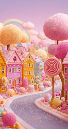 A vibrant, cartoonish illustration depicts a fanciful townscape with pastel-colored buildings and fantastical elements. The scene features a rainbow arching across the sky, fluffy clouds, and oversized, candy-like trees. This image, with its soft textures and playful style, could be utilized for children's content or creative design projects.の素材