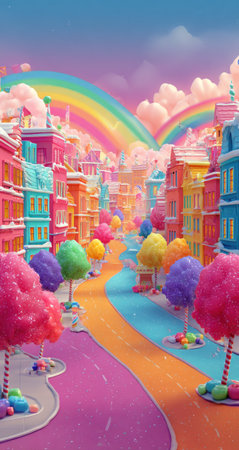 An illustration depicts a vibrant city scene with buildings of varied colors. The composition includes a rainbow arching across the sky. The stylized artwork exhibits a cartoonish style with saturated colors. Suitable for various creative projects, this image could be used for advertising or editorial content.の素材