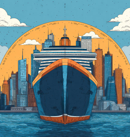 An illustration depicts a large cruise ship sailing towards a city skyline. The artwork showcases vivid colors with the ship centered in the composition. The background features various buildings with an orange sun. This image may be suitable for travel or tourism promotions.の素材