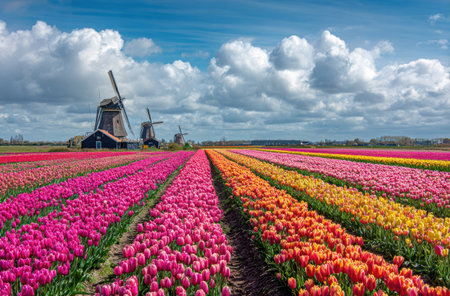 A vibrant landscape showcases rows of blooming tulips in various colors, alongside traditional windmills. The image captures a bright day with a sky filled with fluffy white clouds. This scene could be suitable for travel, tourism, and environmental projects.の素材
