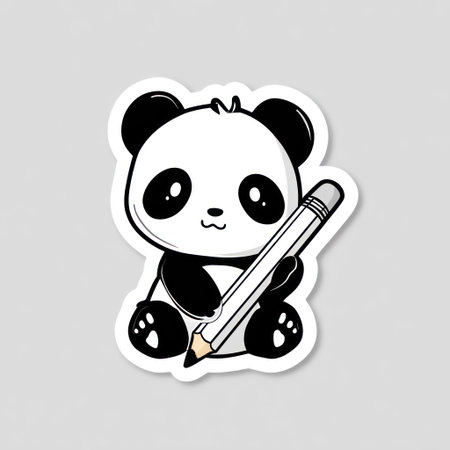 A cartoon illustration showcases a panda holding a pencil. The panda, rendered in black and white, is set against a simple backdrop. The image utilizes a clean, graphic style, suggesting a focus on education and creativity. Suitable for educational materials, illustrations, and various commercial projects.の素材