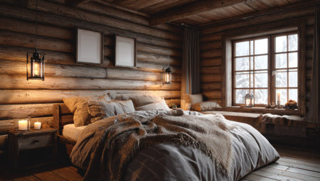 This image presents a bedroom scene featuring a large bed with pillows and blankets. The room is characterized by wooden walls, creating a warm ambiance. Soft lighting emanates from lamps and candles. The setting suggests a comfortable retreat, suitable for various editorial and commercial projects.の素材