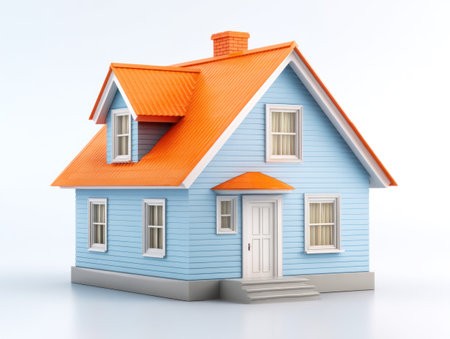 A miniature house is depicted against a clean white backdrop. The house features a blue exterior with an orange roof, creating a vibrant contrast. Details include multiple windows, a chimney, and a white door. The scene is evenly lit with soft lighting, suitable for various design, real estate, and architectural presentations.の素材