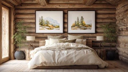 A warmly lit bedroom featuring a large bed with neutral bedding, flanked by lamps and plants. The walls are constructed of natural wood planks, complemented by framed landscape art. The scene suggests a comfortable indoor environment, suitable for various lifestyle or interior design-related projects.の素材