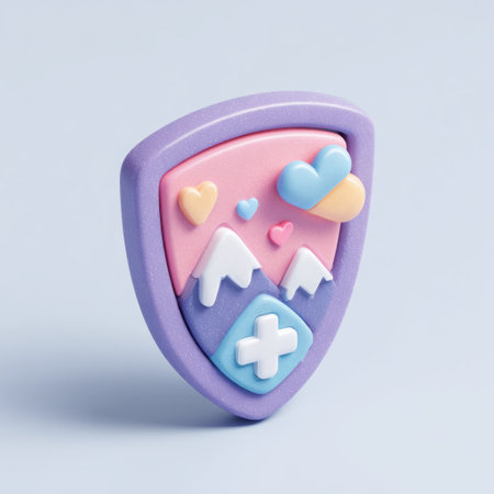 This image presents a vibrant 3D rendering of a shield, featuring mountains, hearts, and a medical cross. The design incorporates pastel colors, creating a soft and appealing visual. The composition is likely created for commercial purposes, potentially for healthcare or wellness-related themes. It appears to be an isolated object against a soft background.の素材