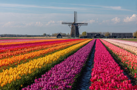An image captures a vibrant display of colorful tulip fields, featuring various hues of red, orange, yellow, and purple. The composition showcases the rows of flowers leading towards a traditional windmill under a sunny blue sky. The scene is illuminated by daylight, suitable for editorial and commercial applications.の素材