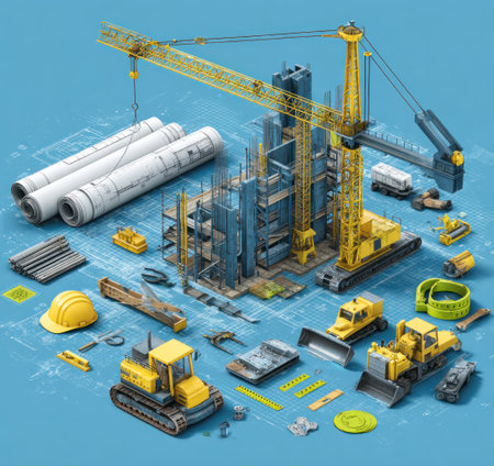 An illustration depicts a construction site featuring a towering crane, blueprints, and various construction vehicles. The composition showcases a vibrant color palette, likely digitally created, with a stylized aesthetic. This image may be suitable for architectural, engineering, or construction-related promotional materials, or as an element for editorial content.の素材