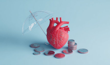 A vibrant red heart is the central subject, accompanied by coins and a transparent umbrella. The image showcases a symbolic composition with a cool blue backdrop. The lighting highlights the objects. It could be used for healthcare, financial planning, or insurance related projects.の素材