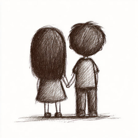 This monochrome illustration depicts a couple holding hands. The artwork features a sketch style with soft shading creating a sense of intimacy and connection. The composition likely suits themes such as relationships and affection, and is suitable for various commercial uses.の素材