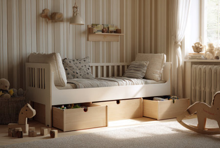 A well-lit bedroom interior showcases a wooden bed, complemented by soft pillows and decorative storage units. The scene features a neutral color palette, natural light streaming through a window, and a playful ambiance. This image is suitable for various commercial uses, including home decor and lifestyle concepts.の素材