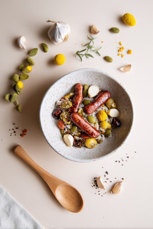 A top-down composition presents a vibrant bowl filled with sausage, olives, and yellow vegetables. It is placed on a light-colored surface with additional ingredients scattered around. The lighting is soft and natural, emphasizing the texture and colors, possibly for culinary or food-related purposes.の素材