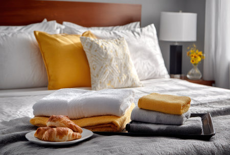 A neatly arranged bed displays pillows, folded towels, and small pastries. The scene is illuminated by soft lighting, suggesting an inviting interior. The composition focuses on textures and colors, suitable for illustrating domestic themes. The image could be used to support lifestyle articles, blogs, or commercial applications.の素材