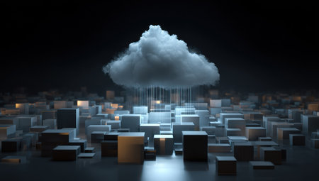 An artistic depiction presents a stylized cloud hovering above a cubic cityscape. The scene features a dark background and highlights cool, blue tones contrasting with warm, yellow lights. The visual concept could represent data storage, technology, or innovation, suitable for various commercial uses.の素材