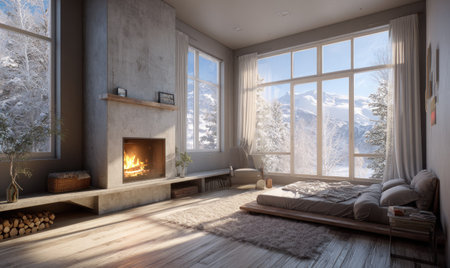 A well-lit bedroom features a fireplace and a bed, complemented by large windows that offer views of snow-covered trees and mountains. The room showcases neutral tones and textures. This interior scene could be used for various purposes such as website backgrounds or print media.の素材