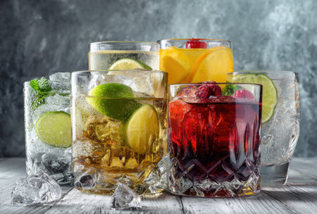 An assortment of colorful cocktails is presented in multiple glasses, showcasing various ingredients and garnishes. The drinks feature vibrant hues and refreshing textures, set against a blurred background. The composition suggests a celebratory atmosphere, suitable for editorial content or promotional materials.の素材