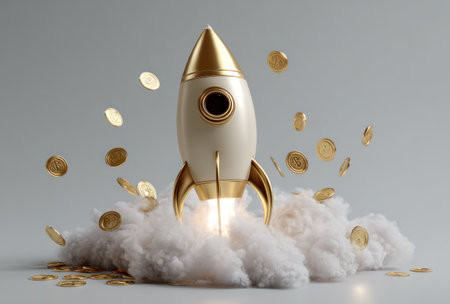 A stylized rocket ship with gold accents is depicted emerging from a cloud of vapor, surrounded by numerous gold coins. The image features soft lighting and a neutral background, highlighting the central subject. It suggests themes of growth, success, and investment, suitable for diverse commercial applications.の素材