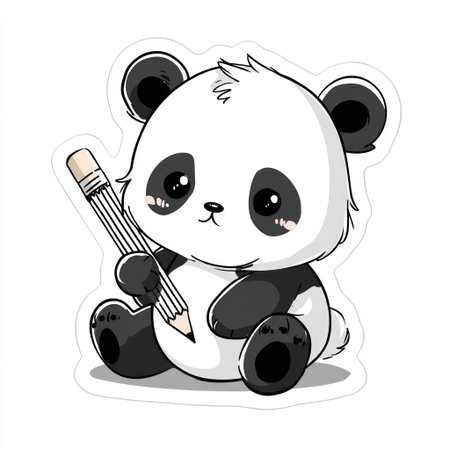 A cartoon illustration presents a panda bear clutching a pencil. The panda features contrasting black and white coloring with large, expressive eyes. The style is illustrative, possibly digital, with a clean and simple composition against a white background. This image could be suitable for educational materials or children's content.の素材