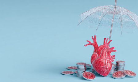 This conceptual image shows a human heart model sheltering beneath an umbrella, surrounded by stacks of coins. The composition is set against a light blue background, highlighting the heart's red texture and the silver of the umbrella and coins. It has vibrant lighting and a modern style. It could be used for various projects related to health, finance, or insurance.の素材