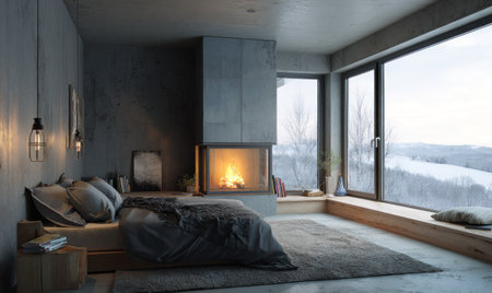 A modern bedroom features a stone fireplace, a large window with a scenic view, and soft textures. The room showcases neutral tones, with dark accents, and soft lighting that suggests a warm ambiance. This image can be used for design, lifestyle, or architectural projects.の素材